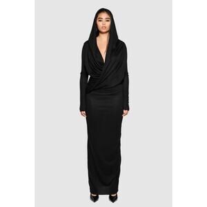 COUCOO Ginza Long Sleeve Hooded Maxi Dress in Satin Black, Size Small